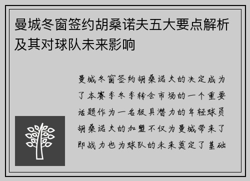 曼城冬窗签约胡桑诺夫五大要点解析及其对球队未来影响