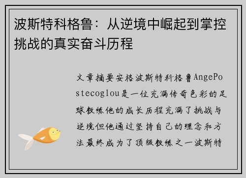 波斯特科格鲁：从逆境中崛起到掌控挑战的真实奋斗历程