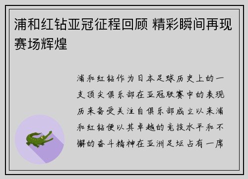 浦和红钻亚冠征程回顾 精彩瞬间再现赛场辉煌
